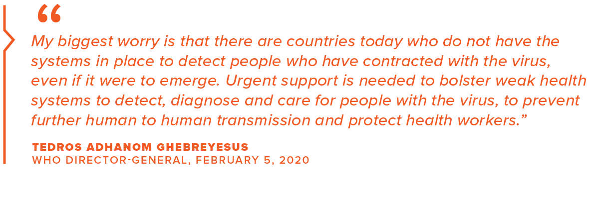 "My biggest worry is that there are countries today that do not have the systems in place to detect people who have contracted with the virus ... Urgent support is needed to bolster weak health systems to detect, diagnose and care for people with the virus, to prevent further human-to-human transmission and protect health workers." Tedros Adhanom Ghebreyesus, WHO Director-General, February 5, 2020