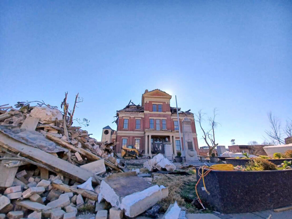 Destruction caused by the tornadoes on December 10 and 11, 2021, in Mayfield, Kentucky.