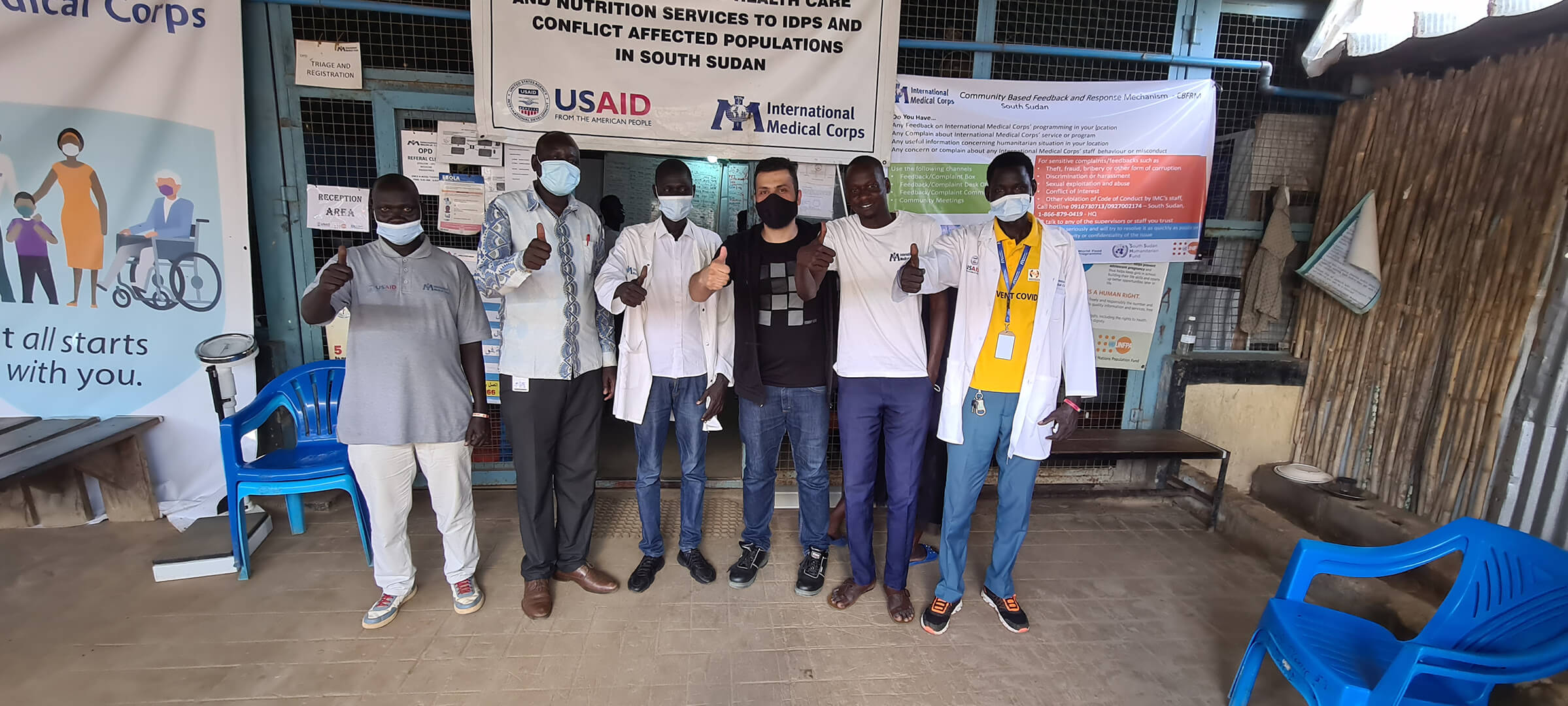 The Pharmacy team from the Juba IDP camp clinics poses for a picture with Director of Health Systems Applications Dr. Yazeed Ayasrah (third from right) after the successful deployment of the PIMS software.