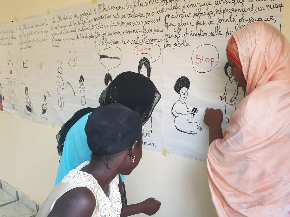 A Girl’s Shine session in Diré, Mali, in which participants drew the principles of GBV prevention and response.