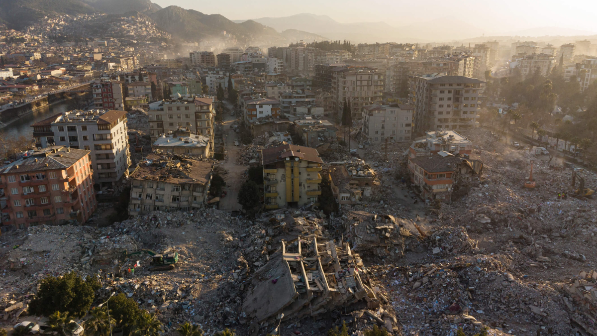 An aerial view of the earthquake destruction in Hatay, Turkey. 
