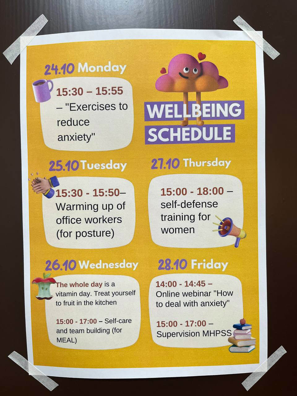 An example of a well-being schedule available for staff.