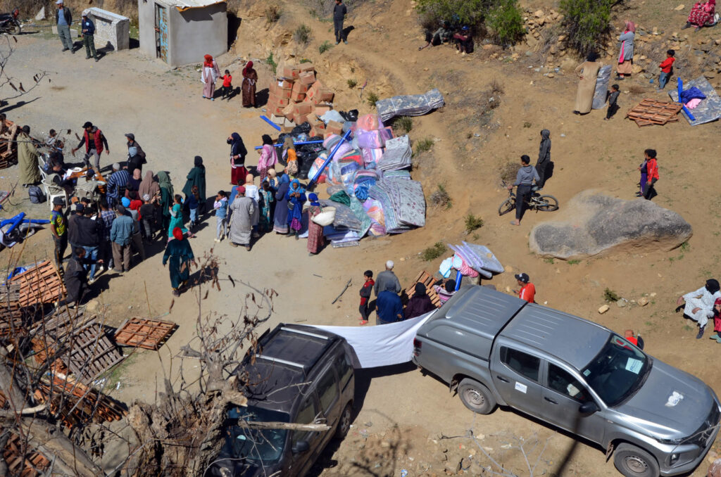 Staff from International Medical Corps and our partner AMSED distribute non-food items to vulnerable people in remote Taroudant province, Morocco.