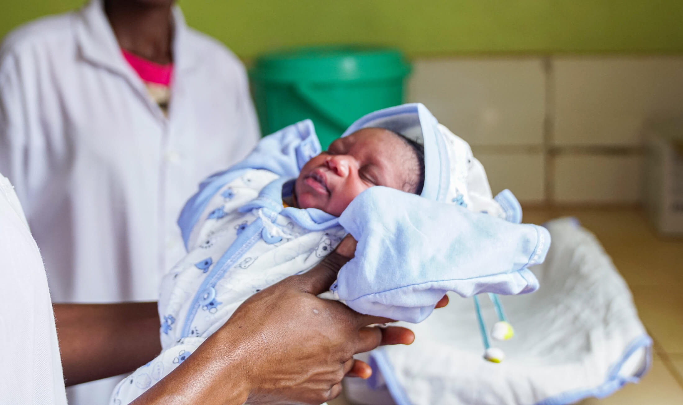 A newborn infant, moments after a successful delivery at the Regional University Hospital of Bria.