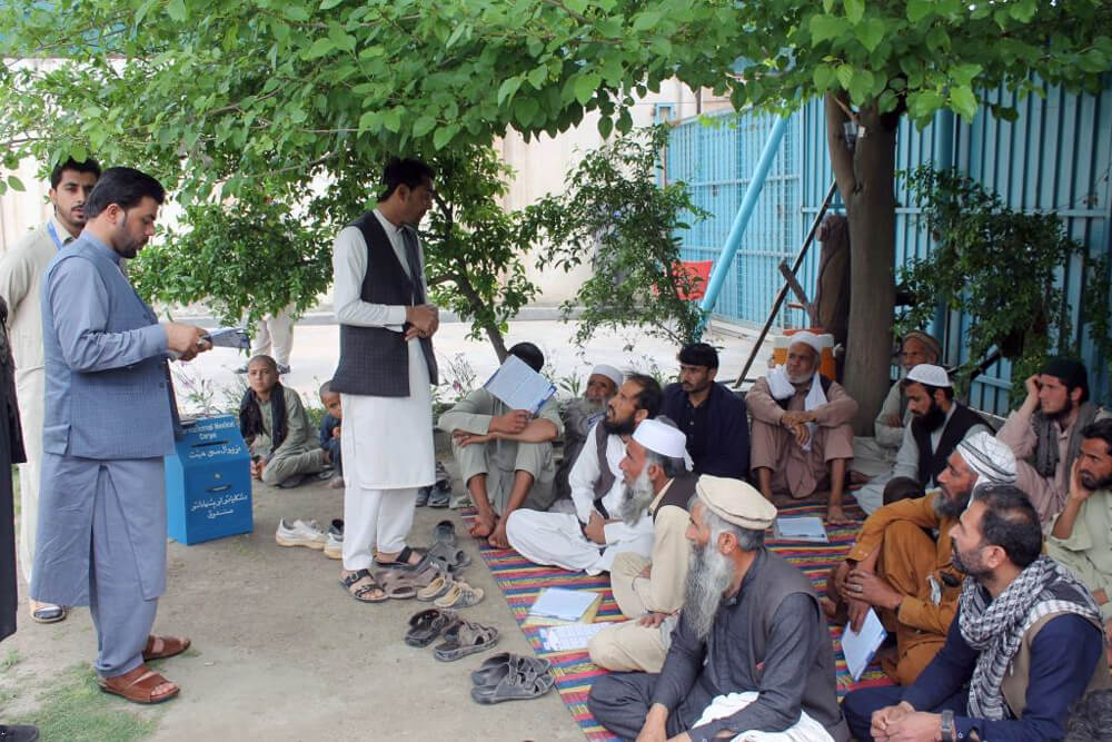 Staff members explain the CBFRM process to beneficiaries in Afghanistan in 2019.