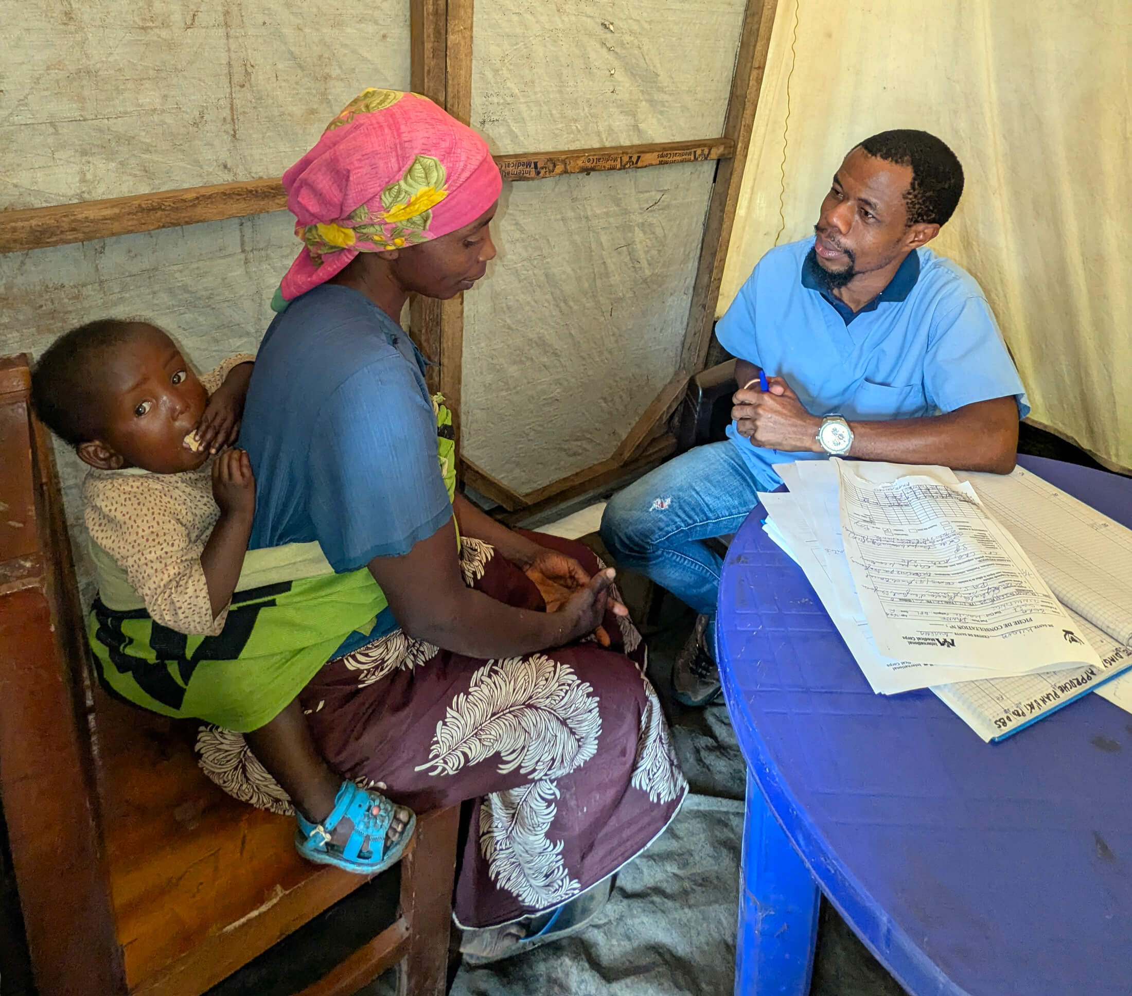 An MMU team member conducts a mental health consultation in Minova, DRC.