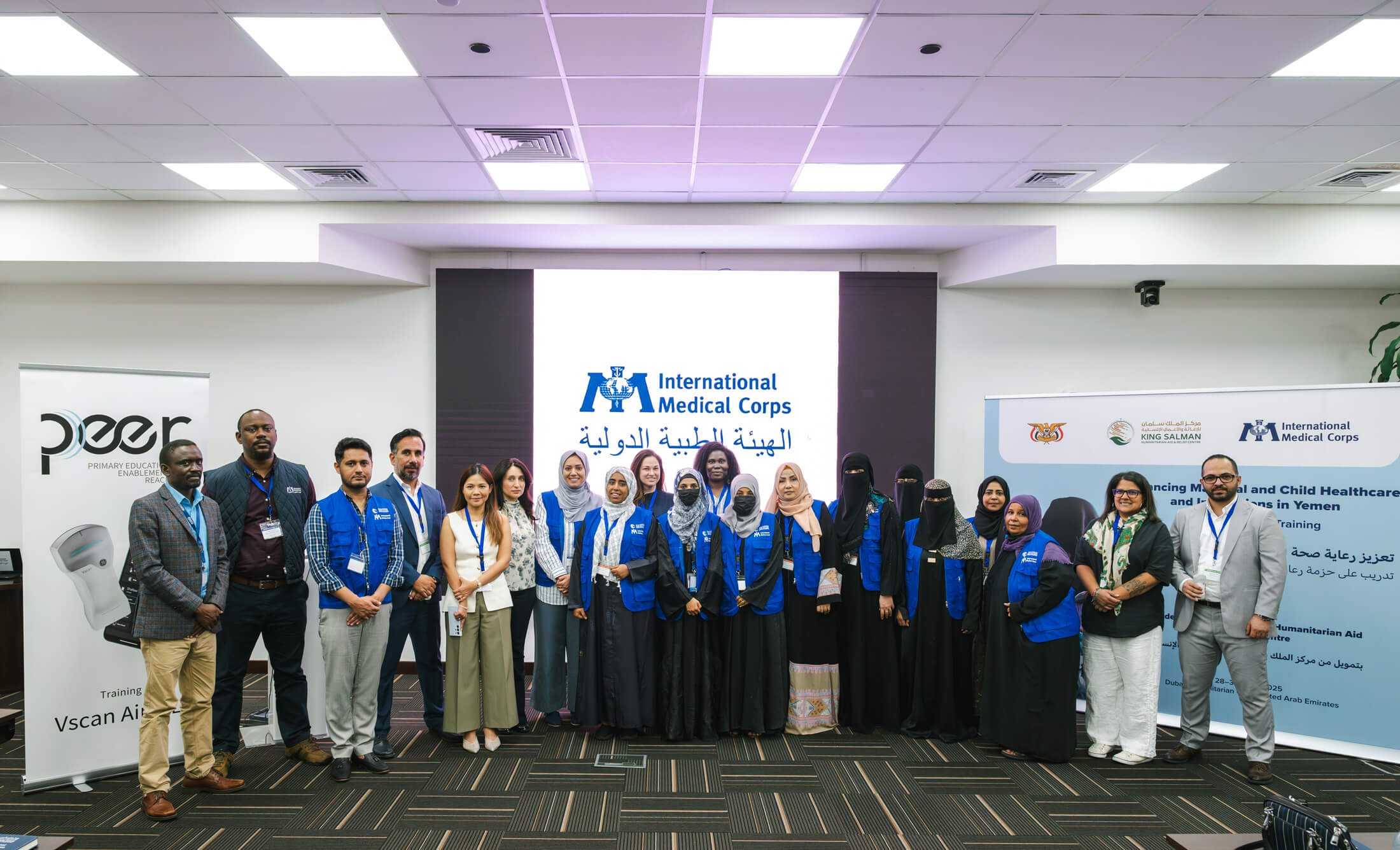 Yemeni healthcare professionals, along with International Medical Corps staff and volunteers, pose for a photo during the three-day training programme in Dubai.