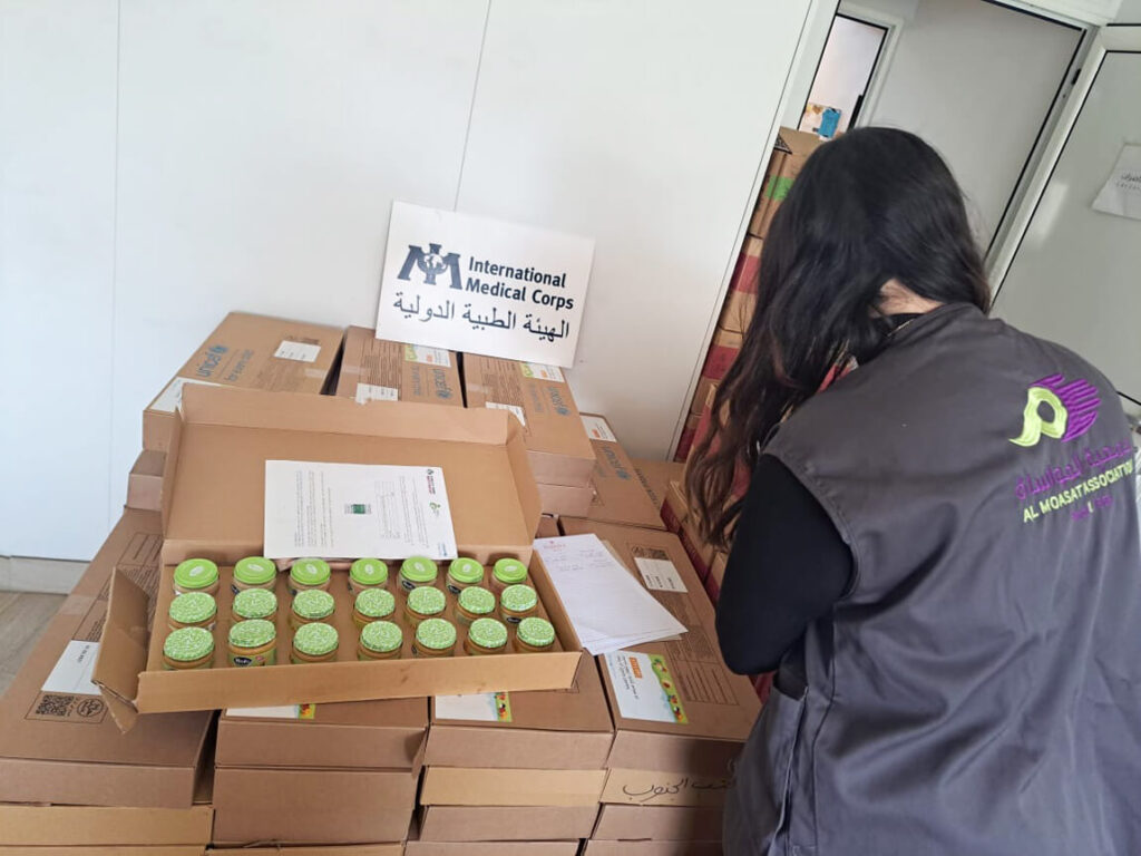Nutrition supplies ready for distribution at the Nazih Bizri shelter supported by one of our mobile primary satellite units (PSUs).