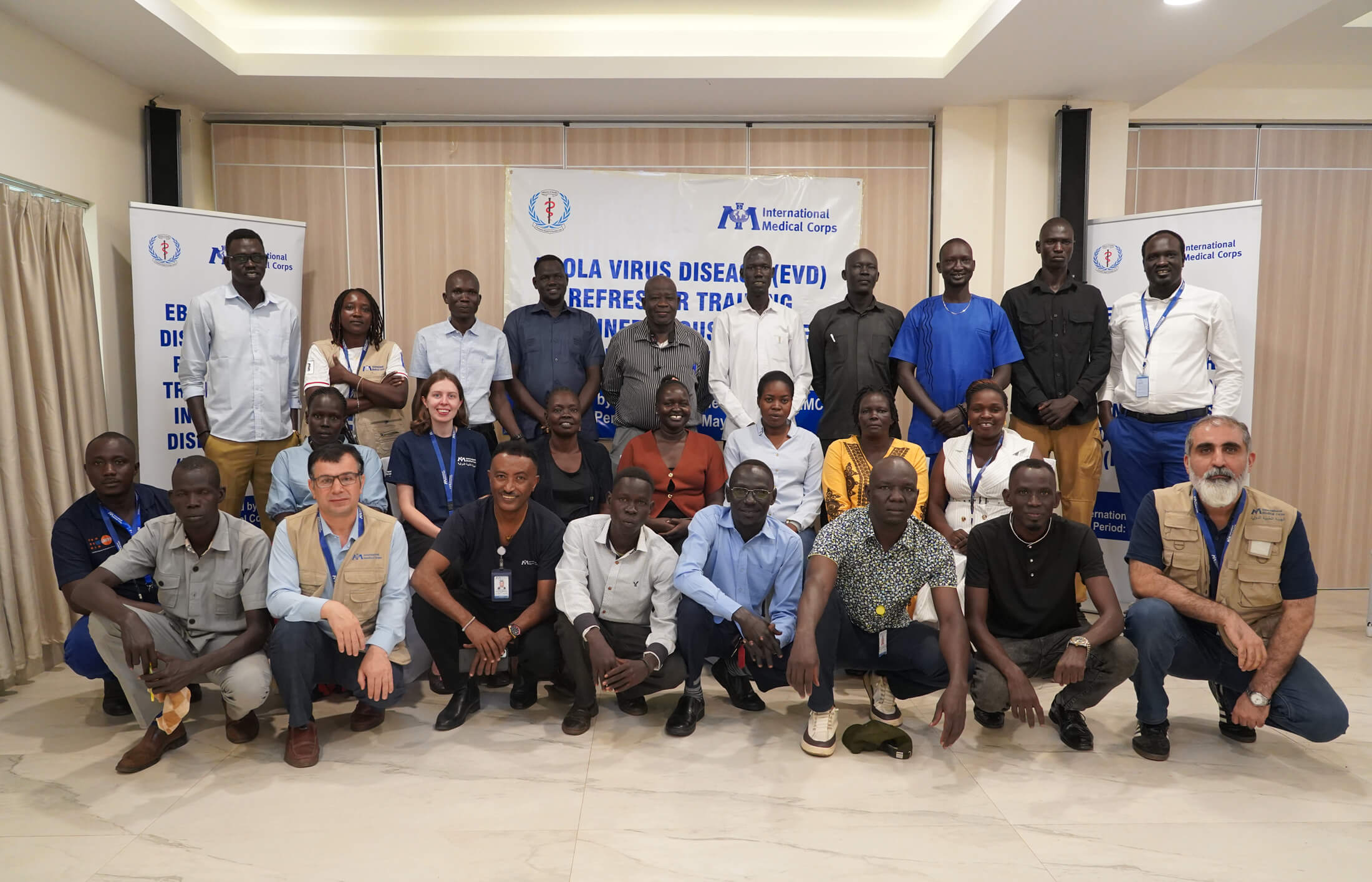 International Medical Corps team members and Ministry of Health staff worked collaboratively during the training in Juba. Topics included an introduction to Ebola and risks for South Sudan; case management; risk communication and community engagement; infection prevention; surveillance and reporting; screening; and proper use of personal protective equipment (PPE).